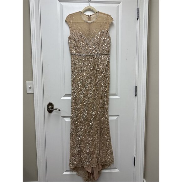 New Mac Duggal Size 8 Beige 5619 Embellished Illusion High Neck Cap Sleeve Gown - Picture 5 of 12
